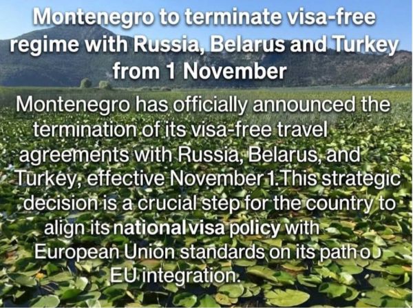 Montenegro to Terminate Visa-Free Entry for Russia, Belarus, and Turkey
