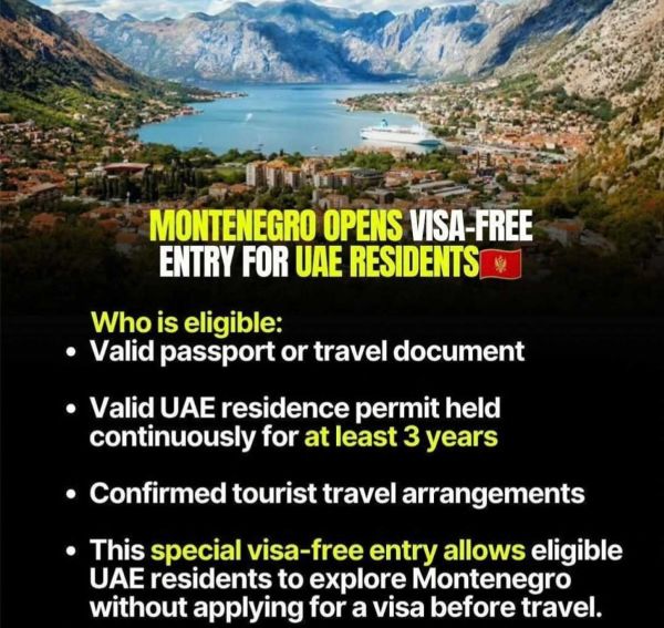 Montenegro Concludes Temporary Visa- Free Scheme for Long-Term UAE Residents